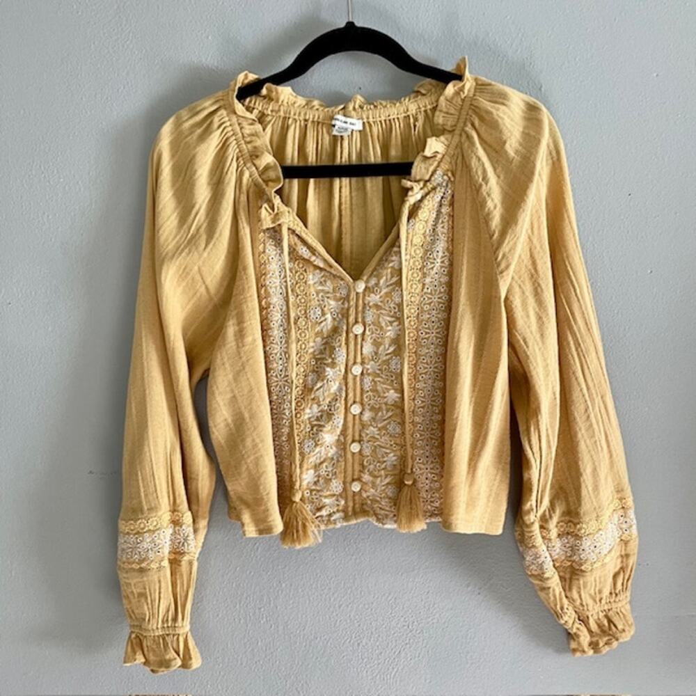 American Eagle Outfitters Mustard Yellow Embroidered Peasant Blouse